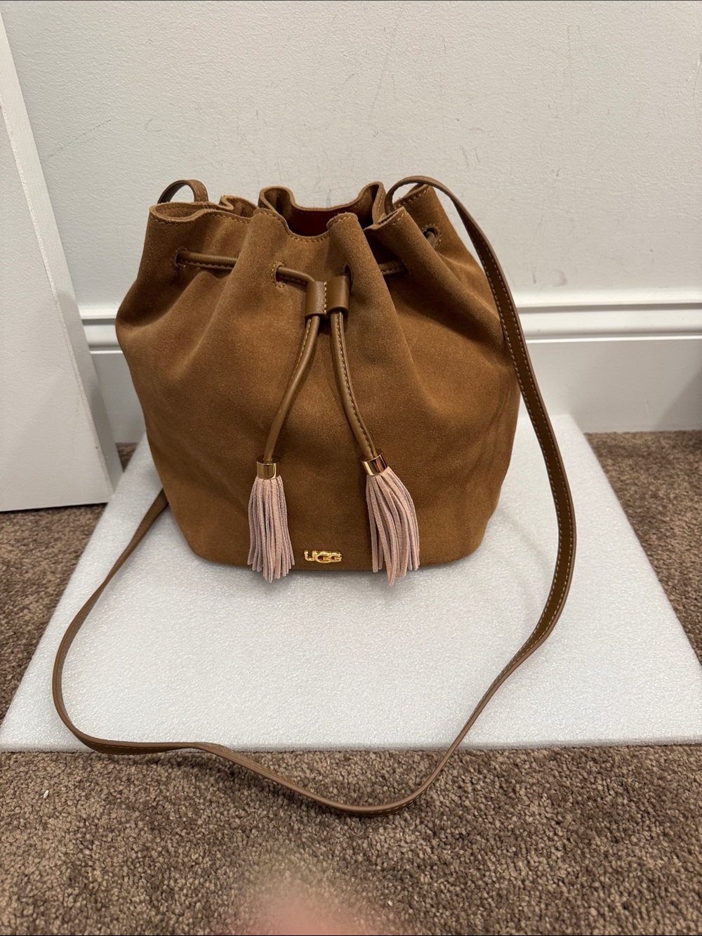 UGG Chestnut Brown cow Suede Drawstring Tassel Shoulder Bag purse
